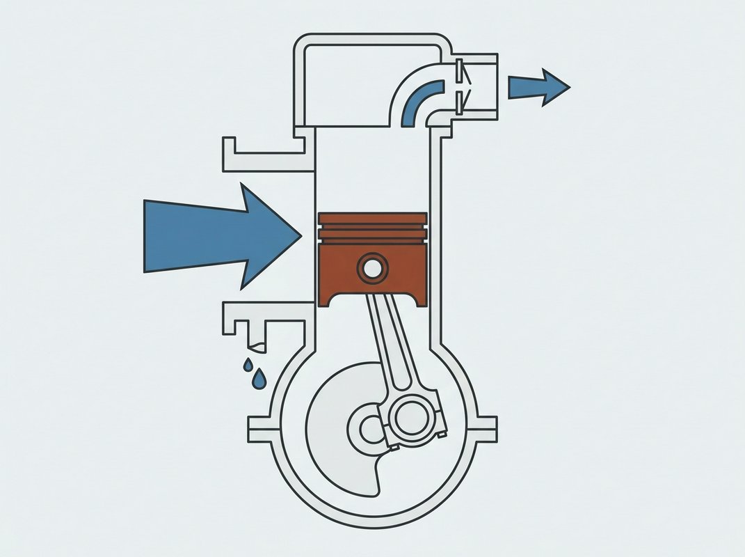 Cutaway diagram of a compressor cylinder showing the swept volume traced by the piston stroke alongside the smaller volume of air actually measured leaving the outlet.