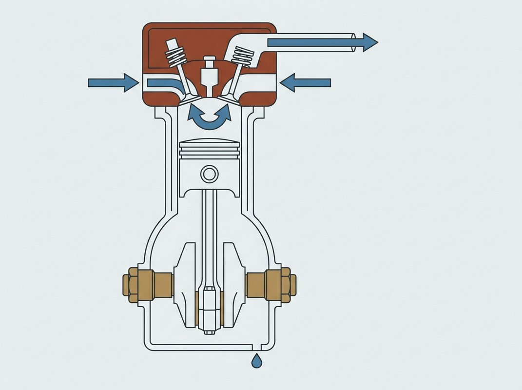 Cutaway drawing of a two-stage piston compressor showing the low-pressure cylinder, intercooler and high-pressure cylinder, with the inlet and discharge valves and the piston mid-stroke.