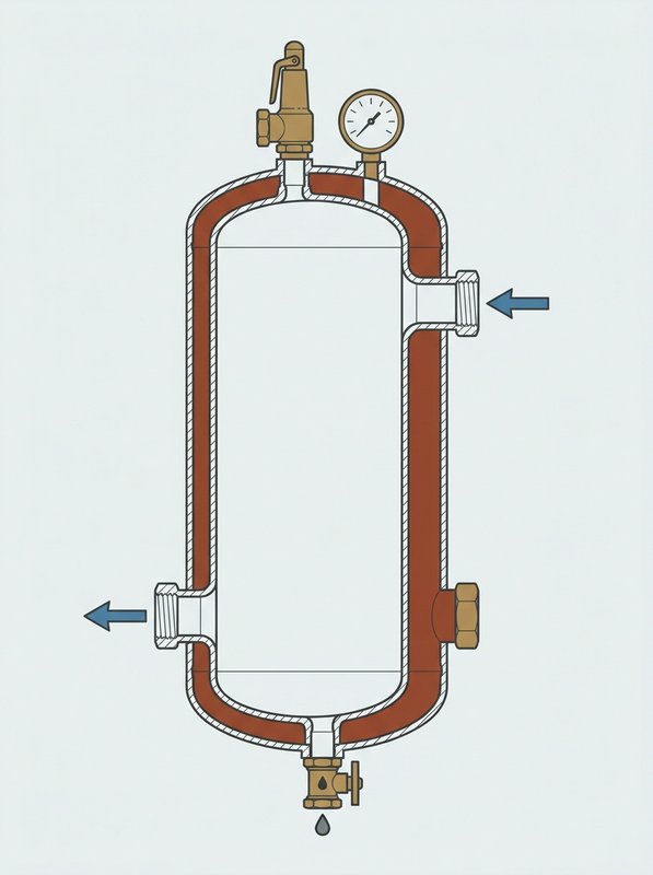 Cutaway drawing of an air receiver showing the inlet from the compressor, the outlet to the pipework, and the internal air space that stores compressed air between the cut-in and cut-out pressures.