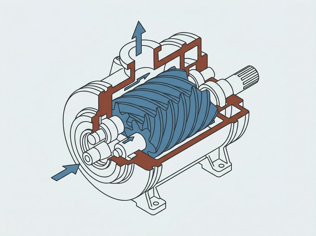 Cutaway drawing of a rotary screw compressor element showing the male and female helical rotors meshing inside the housing, with air intake on one side, the discharge port on the other, and the oil injection point marked on the oil-injected variant.