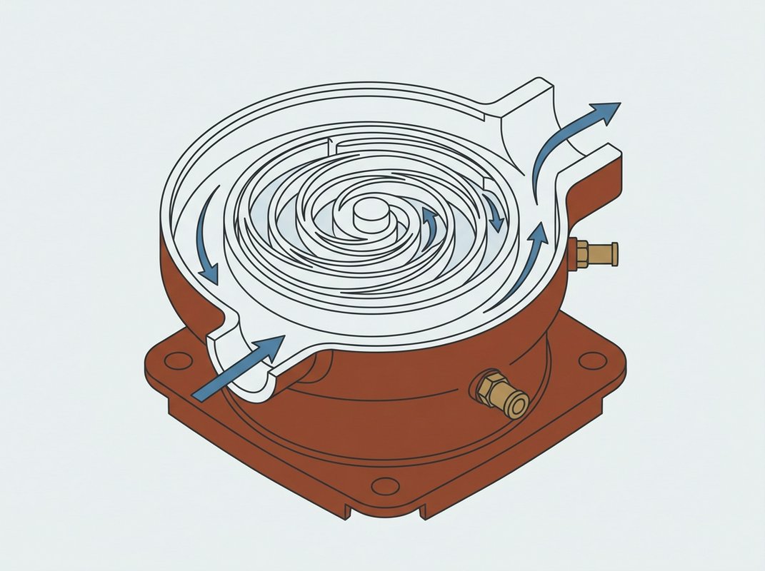 Cutaway technical drawing comparing a scroll compressor element, showing two interleaved spirals with air pockets narrowing toward the centre, and a vane compressor element, showing a slotted rotor with sliding vanes set inside an off-centre cylindrical housing