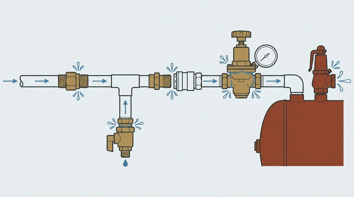 Cutaway diagram of a compressed air line showing a receiver, drain valve, regulator, hose run and quick coupler, with typical leak points marked at each joint.